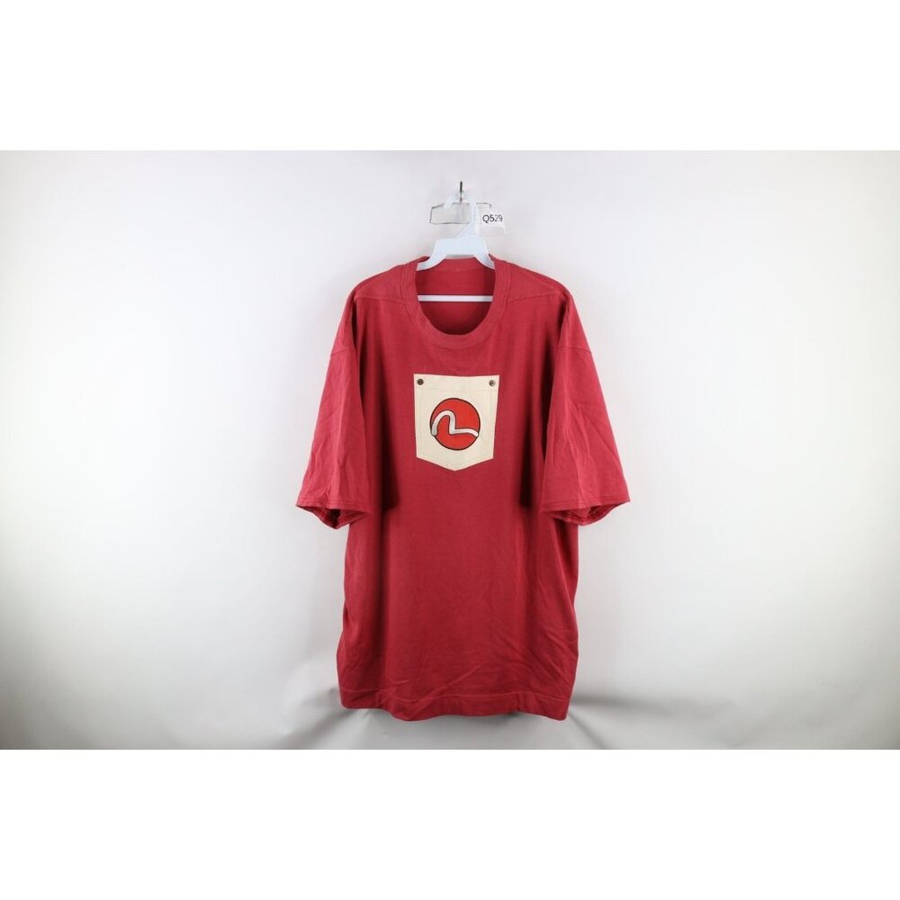 Vtg 90s Evisu Jeans Mens XL Faded Pocket Logo Short Sleeve T-Shirt Red Cotton